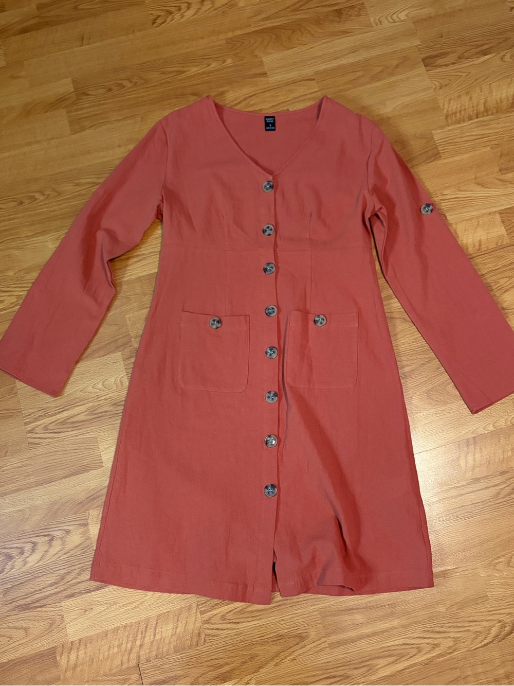 Long-Sleeve Button Front Dress in Rust Pink